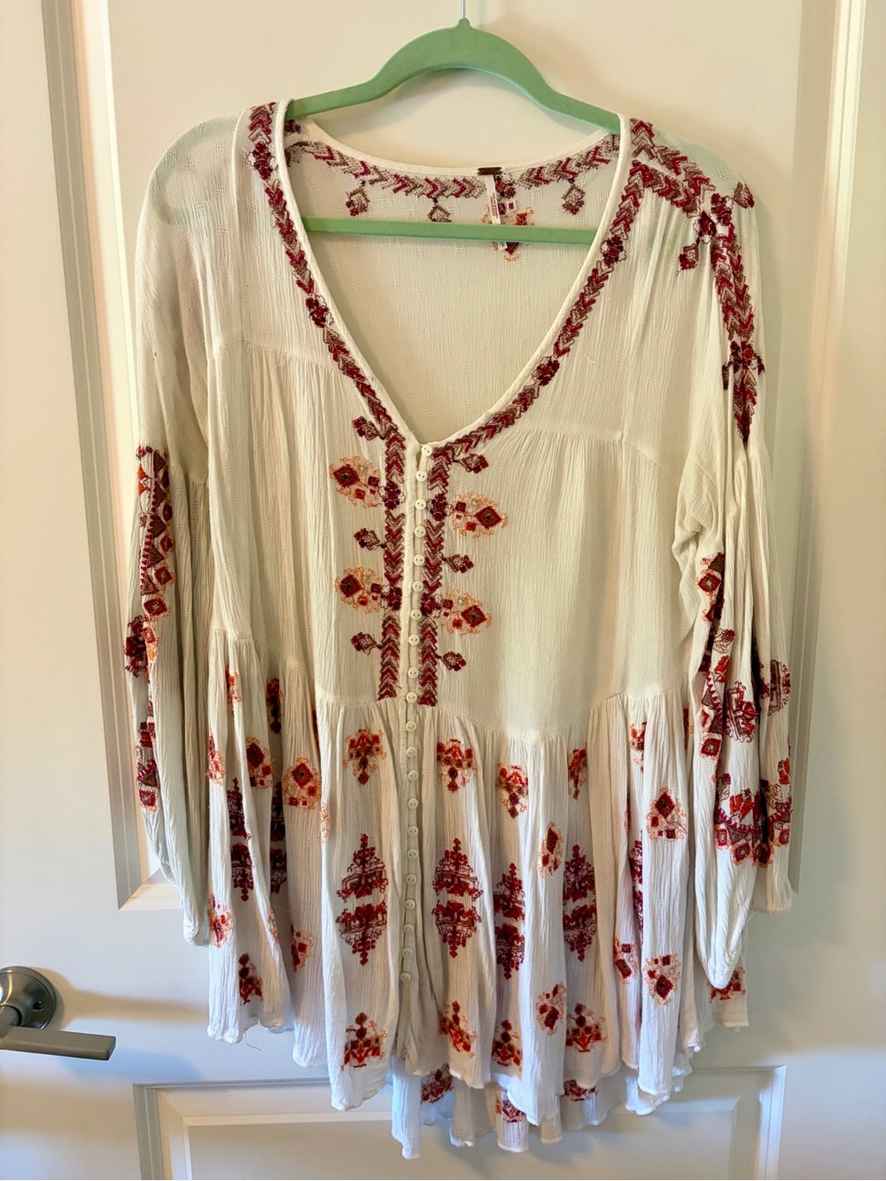Free People Embroidered White Peasant Tunic with Red Accents
